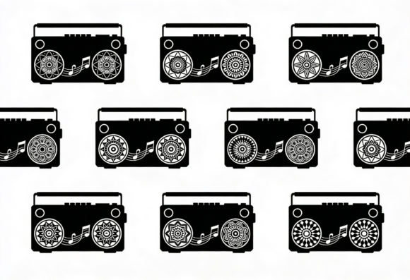 Retro Boombox Mandala Music Notes SVG
